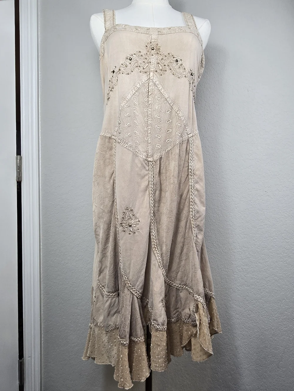 Coline XL Boho Goddess Embroidered Midi Dress Stonewashed Festival Chic Earthy